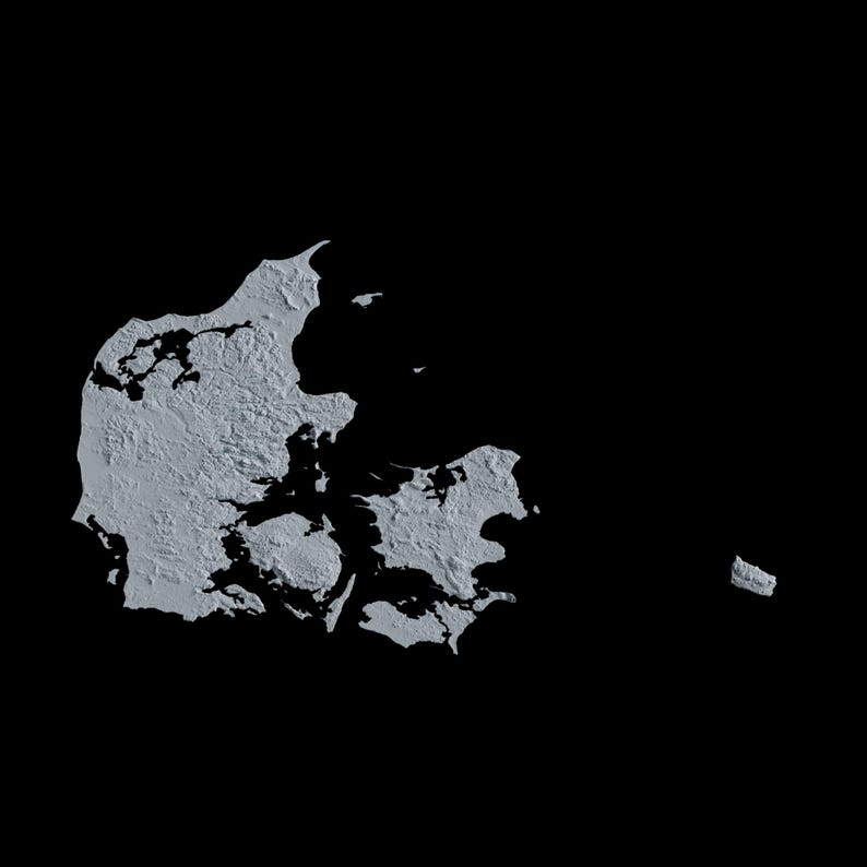 May include: A grayscale map of Denmark, showing the country's islands and coastline.