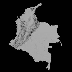 May include: A grayscale topographical map of Colombia, showing the country's mountainous terrain and coastal regions.