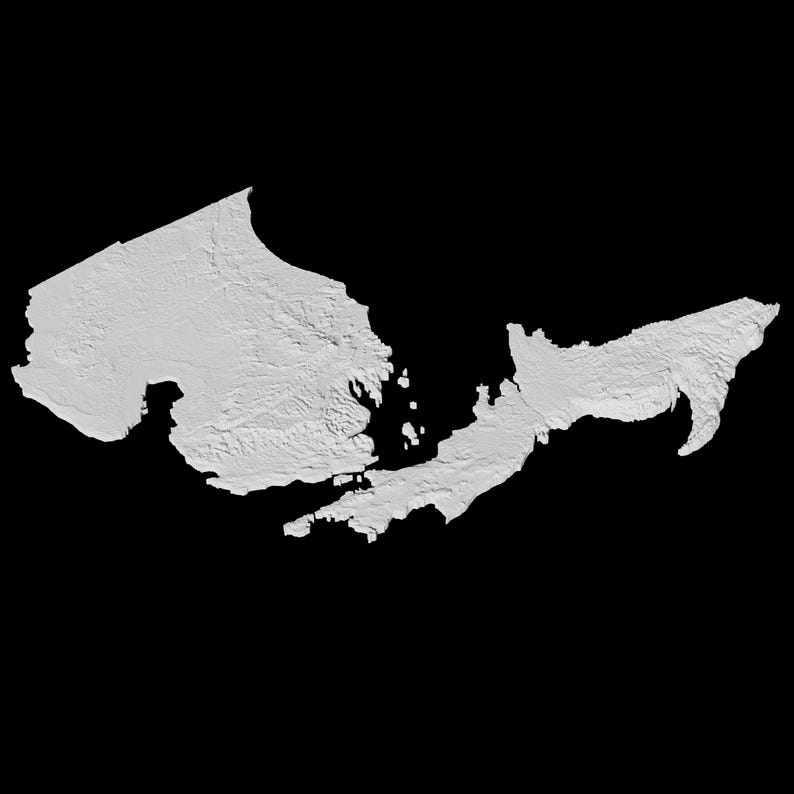 Op de afbeelding: Een zwart-witte topografische kaart van een eilandengroep. De kaart toont de hoogte van het land met verschillende grijstinten.