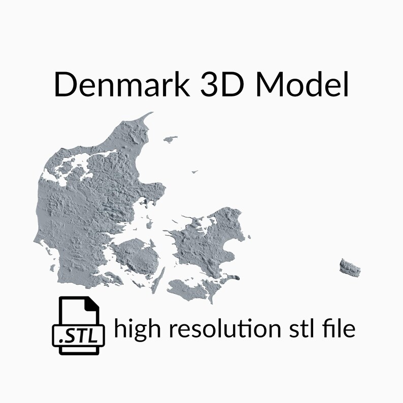 May include: A 3D model of Denmark, rendered in gray, with a high resolution STL file. The model is a digital representation of the country's geography.