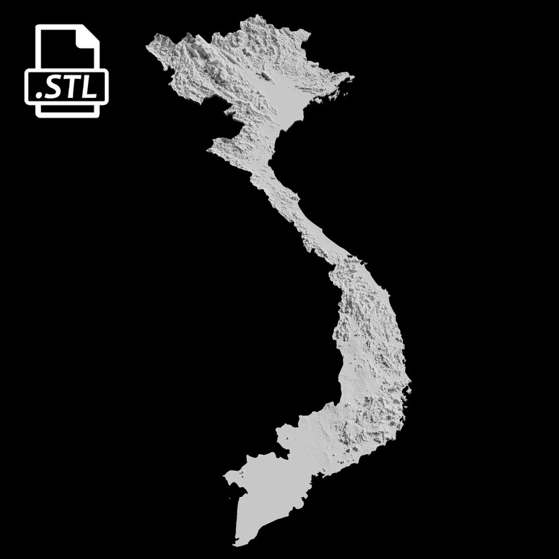 Puede incluir: Un modelo 3D de Vietnam, un pa&iacute;s del sudeste asi&aacute;tico, renderizado en blanco sobre un fondo negro. El modelo muestra el terreno monta&ntilde;oso y la costa del pa&iacute;s. El formato del archivo es .STL.