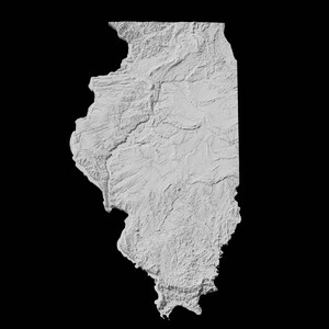 May include: A grayscale topographic map of the state of Illinois, showing the elevation changes across the state.