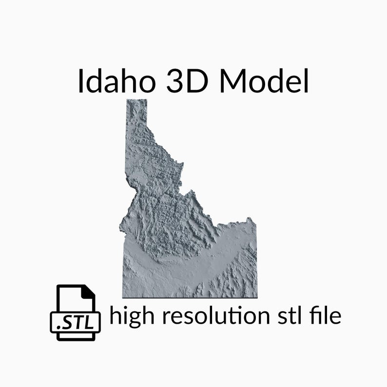 Puede incluir: Un modelo 3D del estado de Idaho, renderizado en color gris claro. El modelo es un archivo STL de alta resoluci&oacute;n.