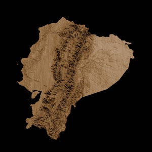 May include: A detailed map of Ecuador, showing the country's topography with brown shading to indicate elevation.