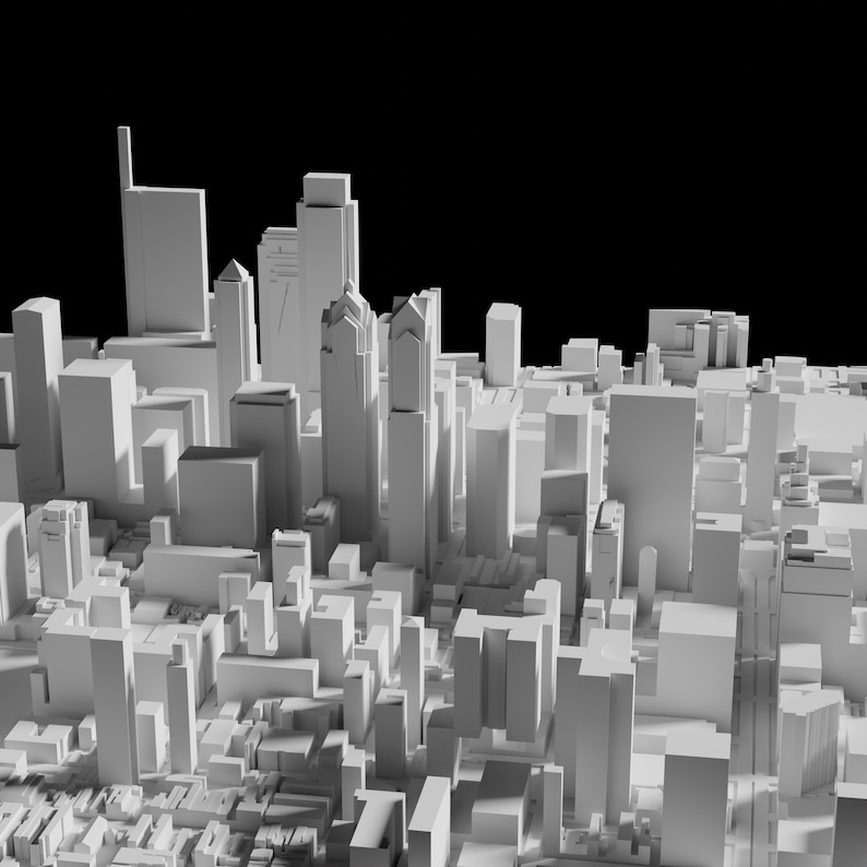 May include: A white 3D model of a city skyline with tall buildings and skyscrapers.