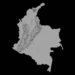 May include: A grayscale topographical map of Colombia, showing the country's mountainous terrain and coastal regions.