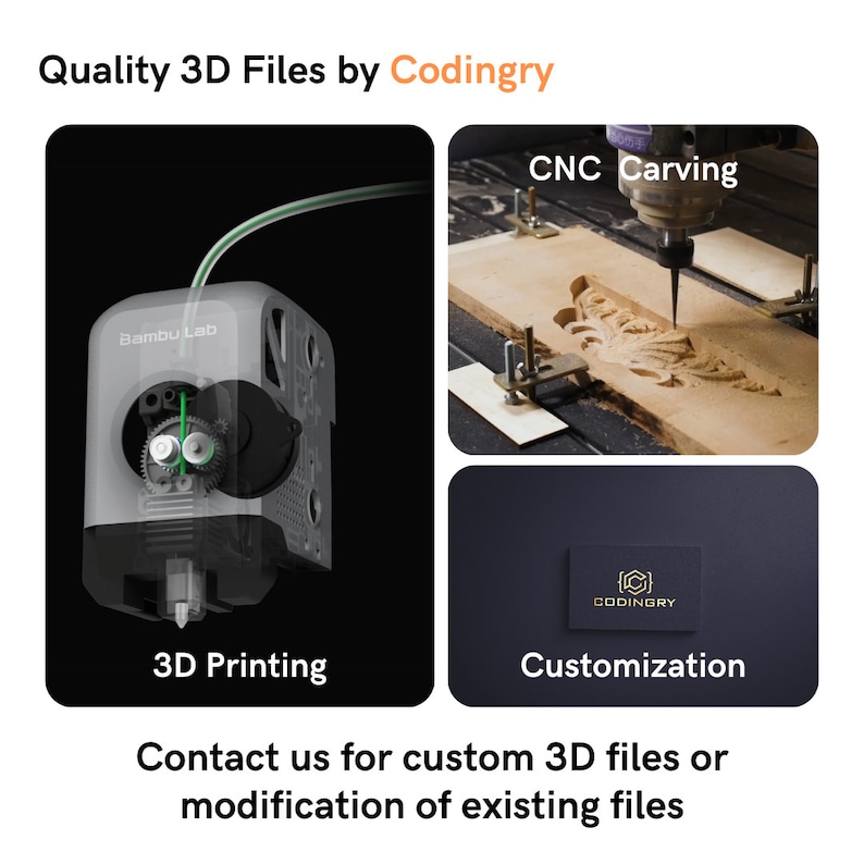 May include: A collage of images showcasing 3D printing and CNC carving services. The first image shows a 3D printer with a green filament. The second image shows a CNC machine carving a wooden design. The third image shows a business card with the text "Codingry" and the words "Customization".
