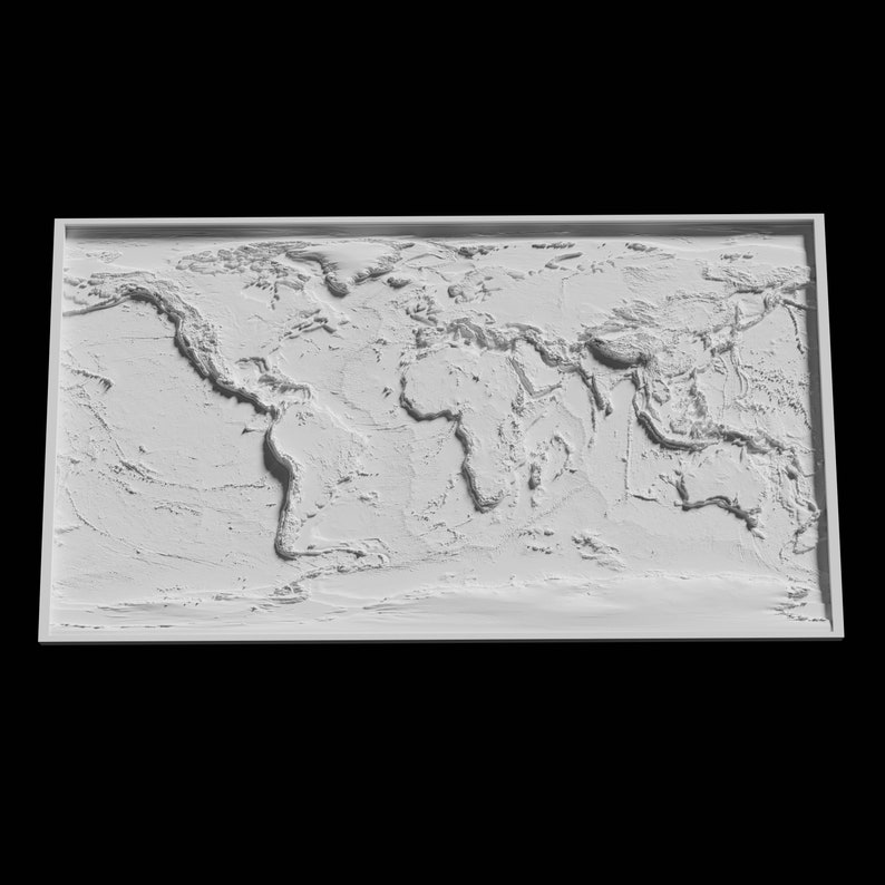May include: A white 3D relief map of the world, showing the continents and oceans. The map is framed in a white frame.