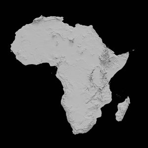 May include: A grayscale topographic map of the continent of Africa. The map shows the elevation of the land, with higher elevations shown in lighter shades of gray.