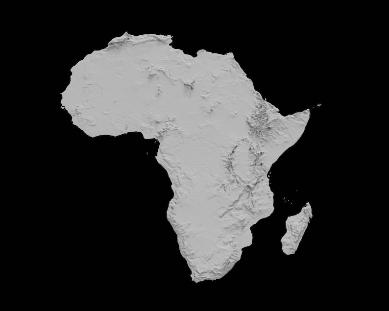 May include: A grayscale topographic map of the continent of Africa. The map shows the elevation of the land, with higher elevations shown in lighter shades of gray.