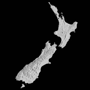 May include: A grayscale topographic map of New Zealand, showing the country's two main islands and surrounding waters.