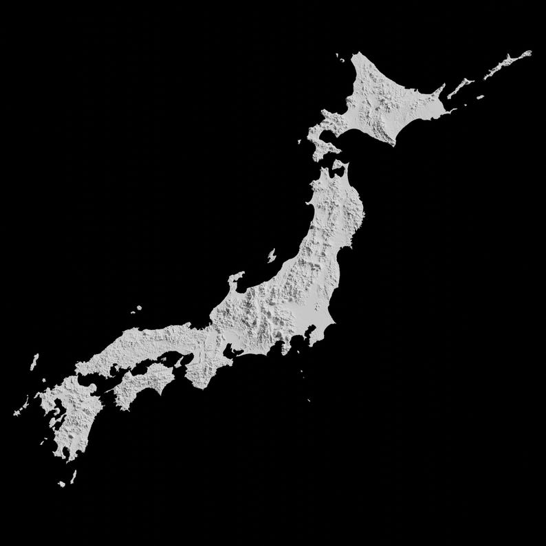 May include: A white outline of the islands of Japan on a black background. The islands are shown in a 3D style, with a textured surface.