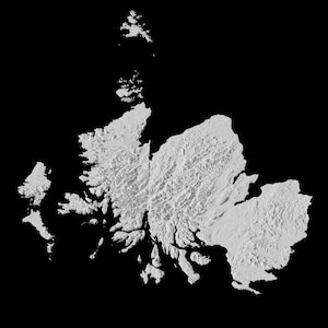 May include: A white 3D map of the Falkland Islands, showing the islands' rugged terrain and coastline.