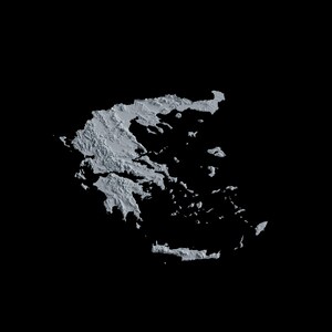 May include: A 3D rendering of Greece, a country in southeastern Europe, with a white outline on a black background.