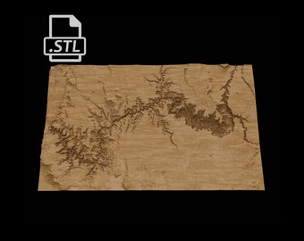May include: A 3D printed model of a canyon landscape, rendered in a light brown color. The model is designed to be printed on a 3D printer and is available as an STL file.