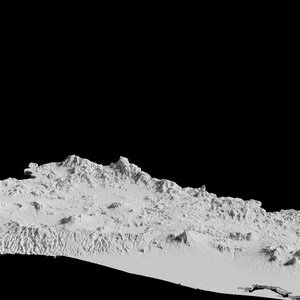 May include: A 3D rendering of a mountainous landscape, with peaks and valleys, rendered in a white colour against a black background.
