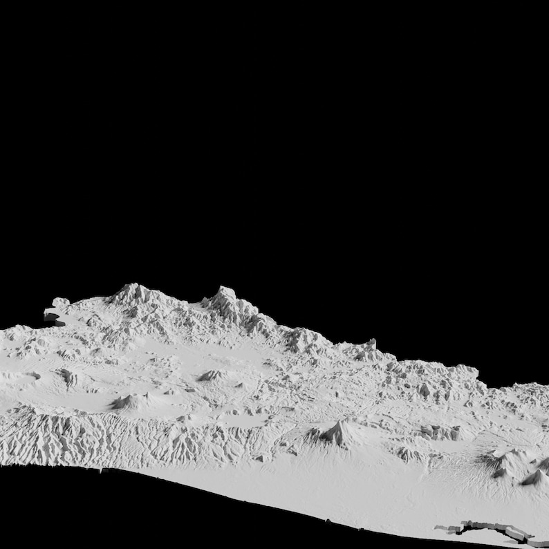 May include: A 3D rendering of a mountainous landscape, with peaks and valleys, rendered in a white colour against a black background.