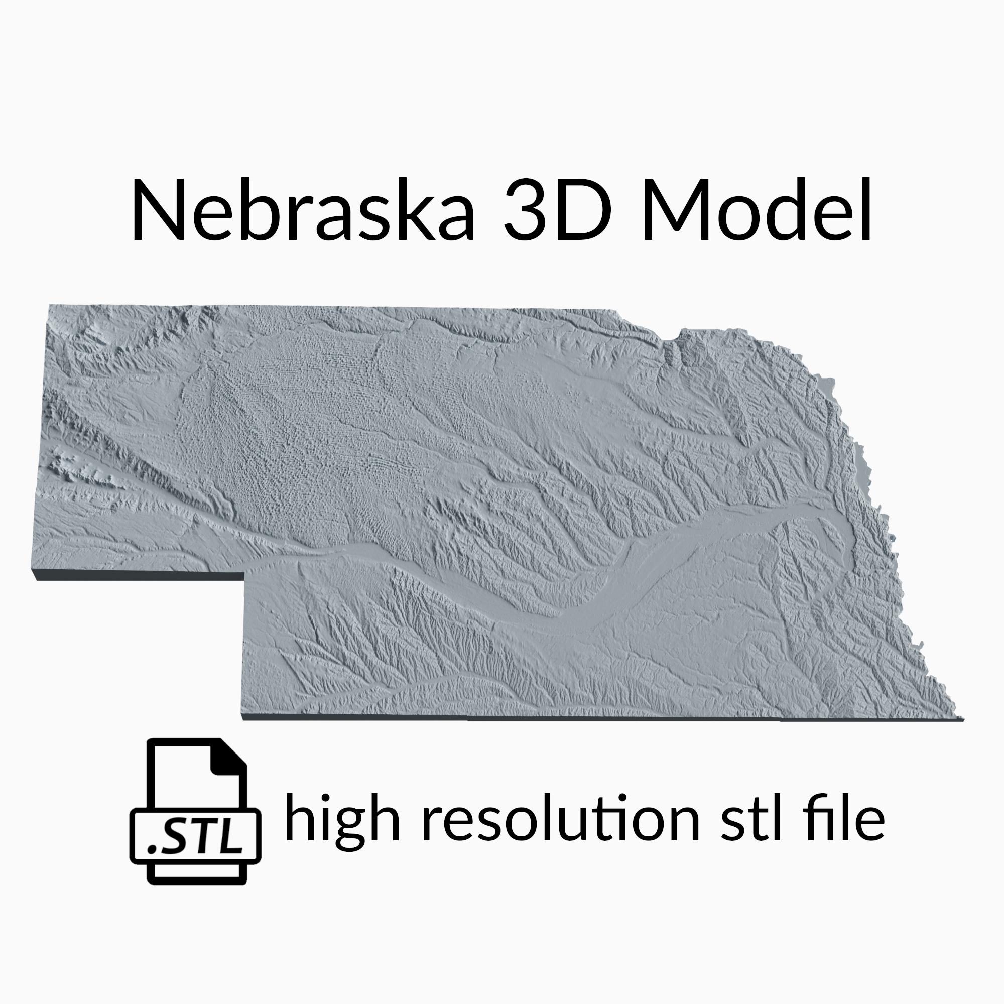 State of Nebraska Topographic Map 3D Model File | Stl File for CNC Milling and 3D Printing | 3D Map STL of Nebraska