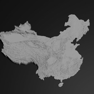 May include: A grey 3D relief map of China, showing the country's geographical features. The map is set against a dark grey background, highlighting the detailed topography of the land.