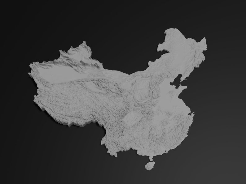 May include: A grey 3D relief map of China, showing the country's geographical features. The map is set against a dark grey background, highlighting the detailed topography of the land.