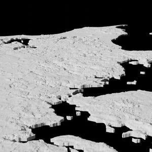 May include: A 3D printed model of a coastline with a detailed, textured surface. The model is white and features a variety of inlets and bays.