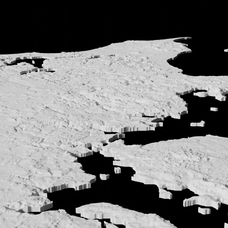 May include: A 3D printed model of a coastline with a detailed, textured surface. The model is white and features a variety of inlets and bays.