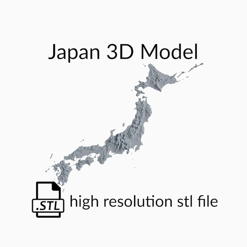 May include: A 3D model of Japan, rendered in a gray color, with a textured surface. The model is in a .stl file format, which is a common file format for 3D printing.