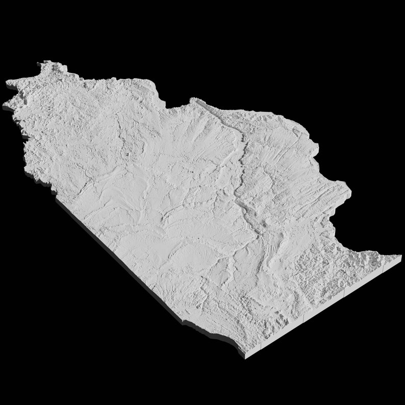 May include: A 3D rendering of a white, textured, mountainous region. The terrain is rugged and features a central valley.