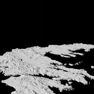 May include: A 3D model of Greece, a country in southeastern Europe, with a white, textured surface and a black background.