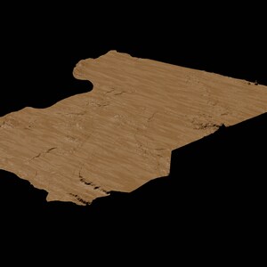Puede incluir: Un modelo 3D impreso de una regi&oacute;n geogr&aacute;fica, que se asemeja a una masa de tierra con una superficie texturizada. El modelo es marr&oacute;n y tiene una forma ligeramente irregular.