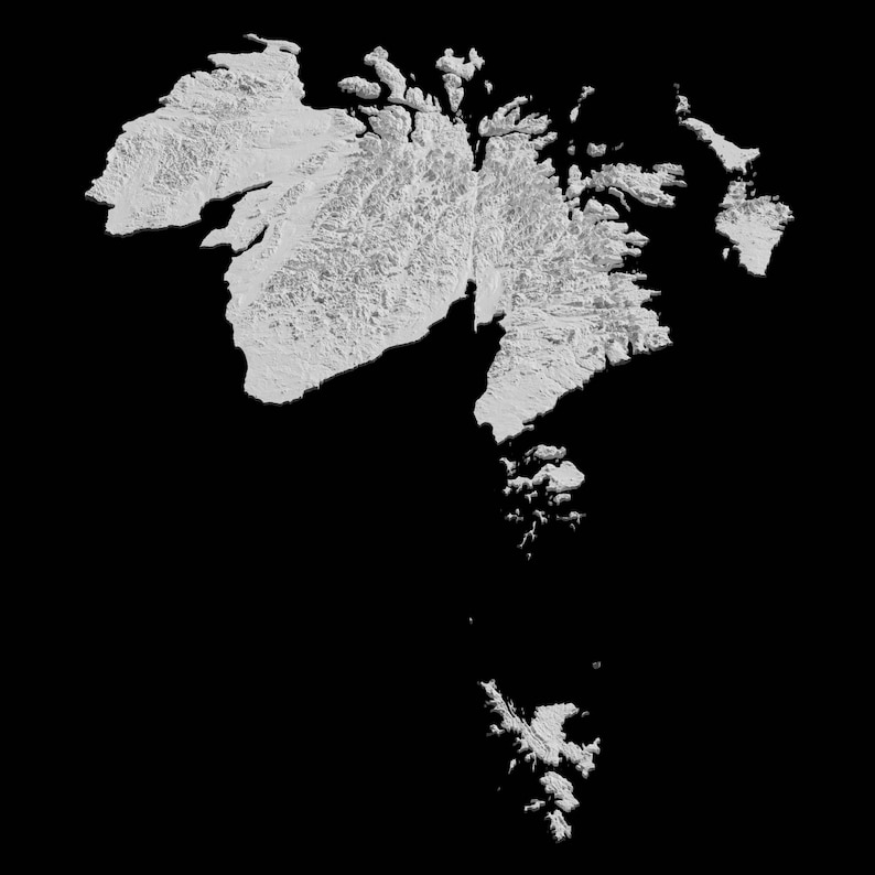 May include: A black and white topographic map of the Svalbard archipelago, a group of islands in the Arctic Ocean, located north of Norway.