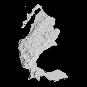 Puede incluir: Un mapa 3D blanco de una regi&oacute;n costera con una gran masa de agua en el centro. El mapa muestra el terreno con monta&ntilde;as y valles.