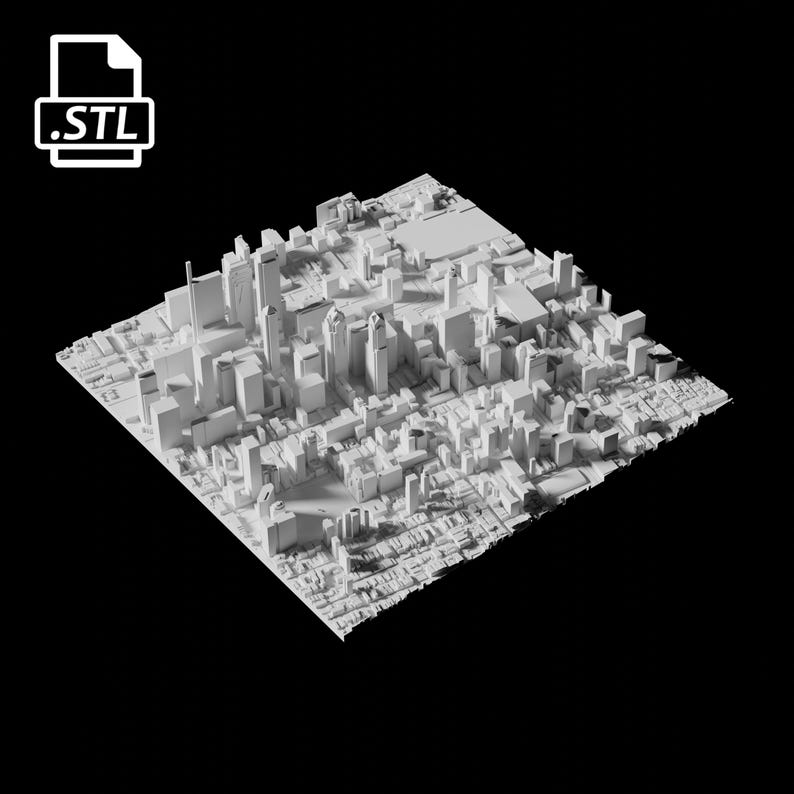 May include: A 3D printed model of a city skyline, rendered in white and viewed from an isometric perspective.