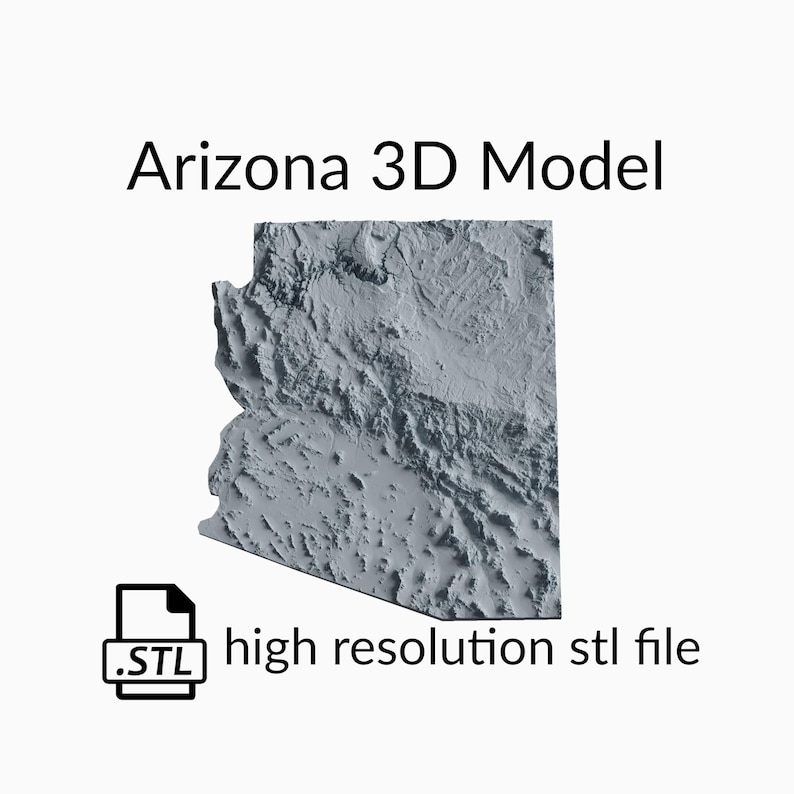 Pu&ograve; includere: Un modello 3D dello stato dell'Arizona, reso in grigio. Il modello &egrave; un file STL ad alta risoluzione.