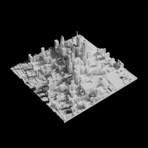 May include: A white 3D model of a city skyline with buildings of varying heights. The model is rendered in a minimalist style, with no details or textures.