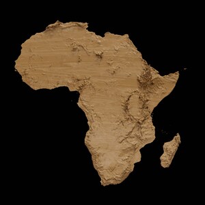 May include: A 3D topographic map of the continent of Africa, rendered in a light brown color against a black background.