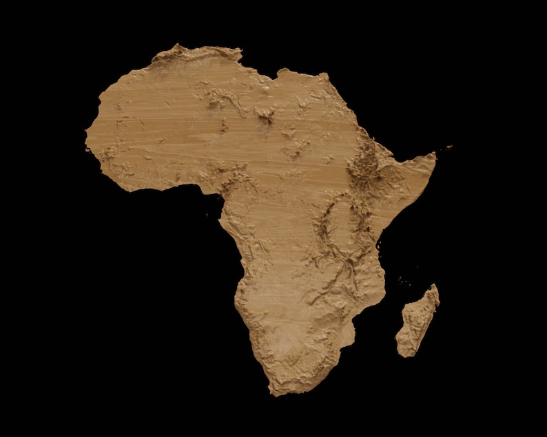 May include: A 3D topographic map of the continent of Africa, rendered in a light brown color against a black background.