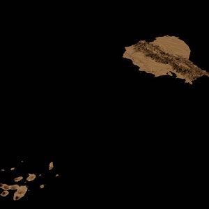 May include: A brown splatter of paint on a black background. The splatter is in the shape of a large island and several smaller islands.