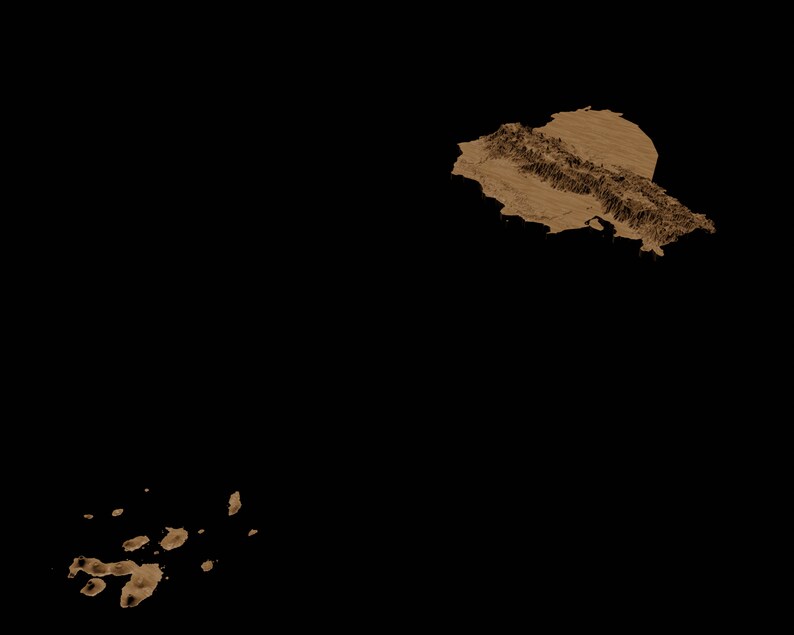 May include: A brown splatter of paint on a black background. The splatter is in the shape of a large island and several smaller islands.