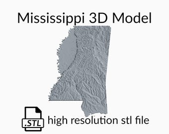 Op de afbeelding: Een 3D-model van de staat Mississippi, gerenderd in lichtgrijs. Het model is een hoge resolutie STL-bestand.