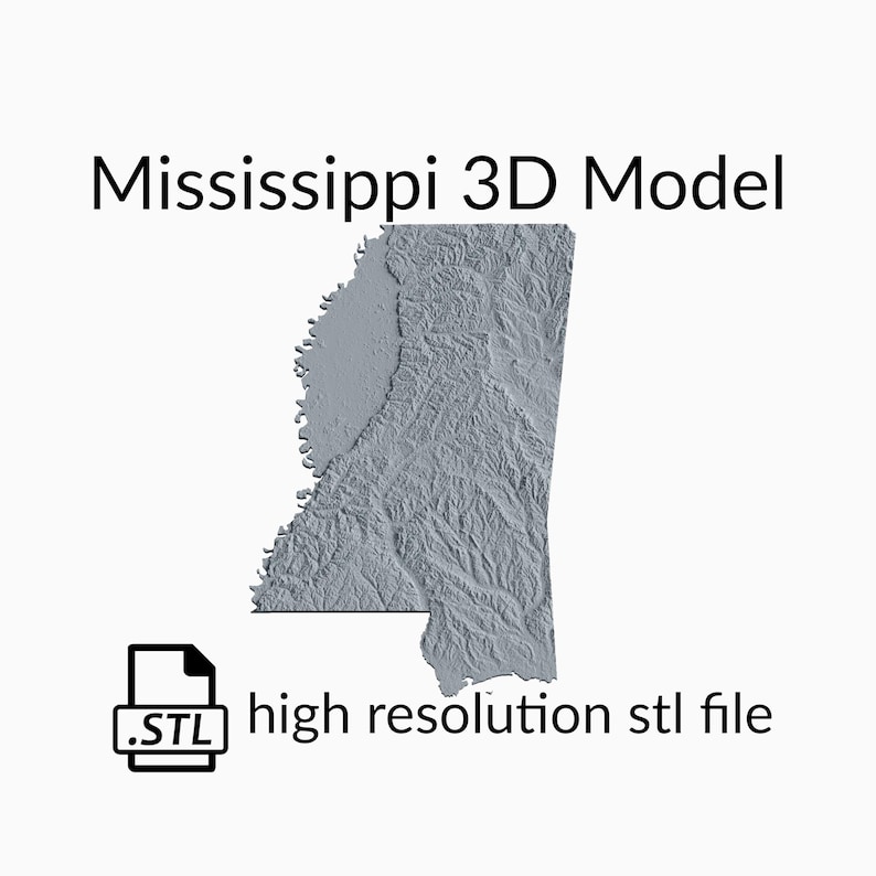 Może przedstawiać: Tr&oacute;jwymiarowy model stanu Mississippi, renderowany w jasnoszarym kolorze. Model jest plikiem STL o wysokiej rozdzielczości.