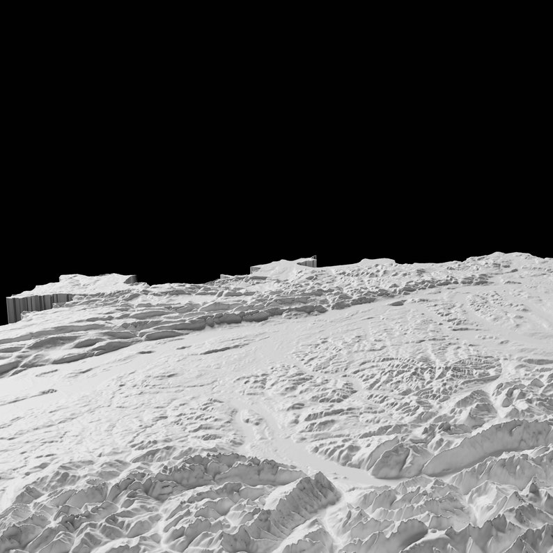 May include: A black and white 3D rendering of a mountainous landscape. The mountains are covered in snow and the sky is black.