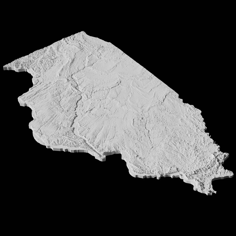 May include: A 3D rendering of a white, textured, mountainous region. The region is shaped like a long, narrow peninsula.
