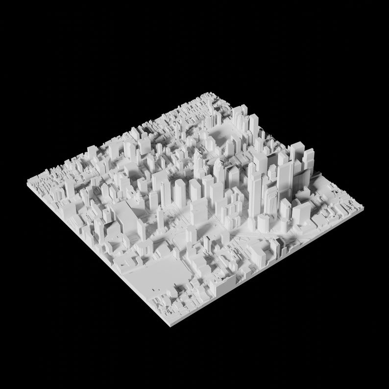 May include: A white 3D model of a city skyline with buildings of varying heights. The model is rendered in a minimalist style, with no color or texture.