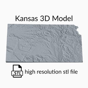 Fichier de modèle 3D de carte topographique de l’État du Kansas | Fichier STL pour le fraisage CNC et l'impression 3D | Carte 3D STL du Kansas