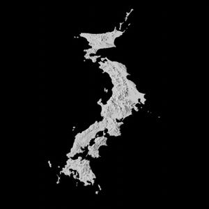 May include: A white outline of the islands of Japan on a black background.