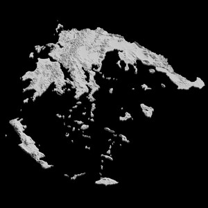 May include: A 3D map of Greece, showing the mainland and surrounding islands. The map is white and is set against a black background.