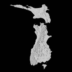 May include: A 3D rendering of the island of Hokkaido, Japan, showing the terrain and coastline. The island is surrounded by water and has a mountainous interior.