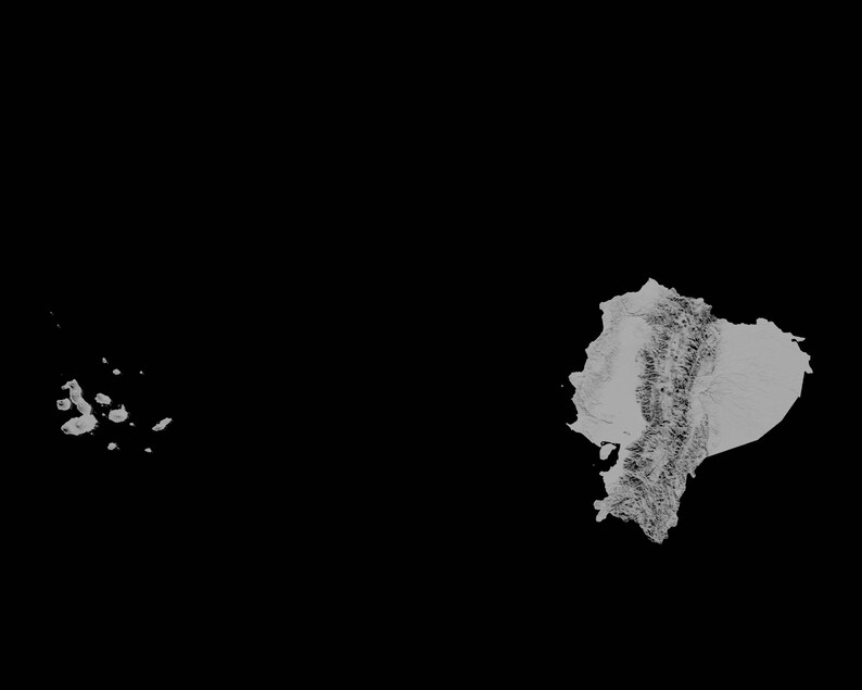 May include: A white outline of Ecuador on a black background. The outline shows the country's borders and the Andes mountain range.