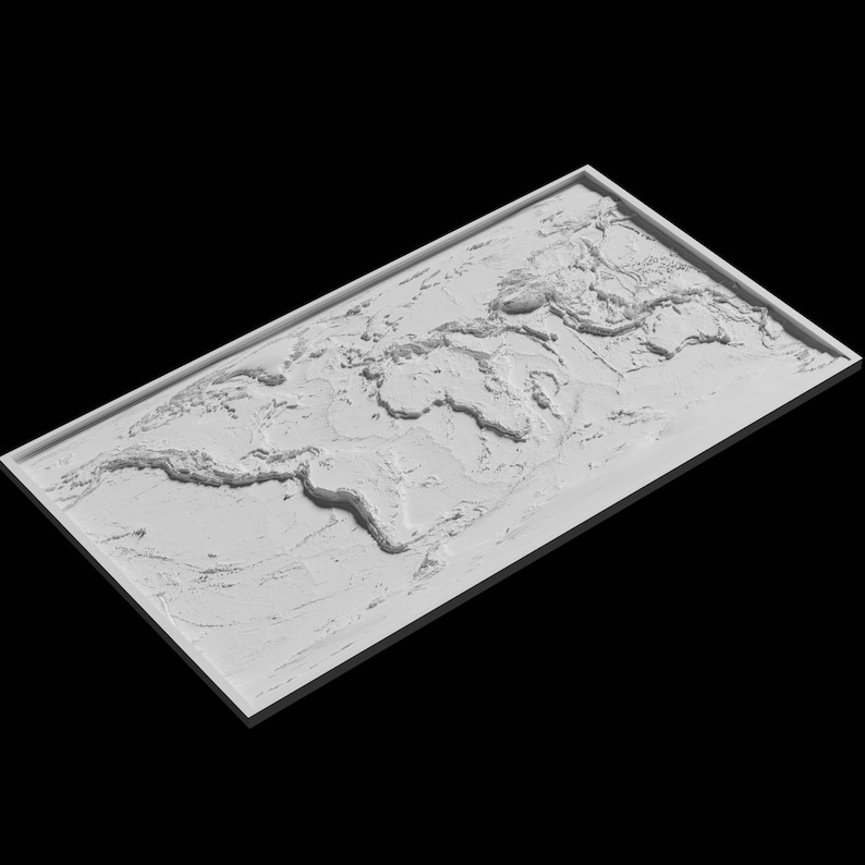 May include: A white 3D relief map of the world, showing the continents and oceans. The map is framed and has a textured surface.